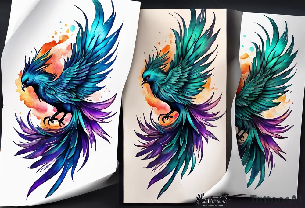 Phoenix on hip down into thigh with feathers that have teal purple and blue from the Ashes I rise long tail featgers tattoo idea