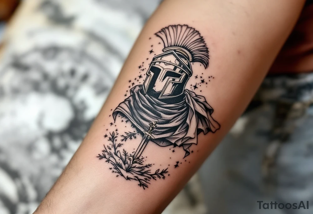 gladiator standing colosseum interior combat sword helmet cape sand wind tattoo idea
