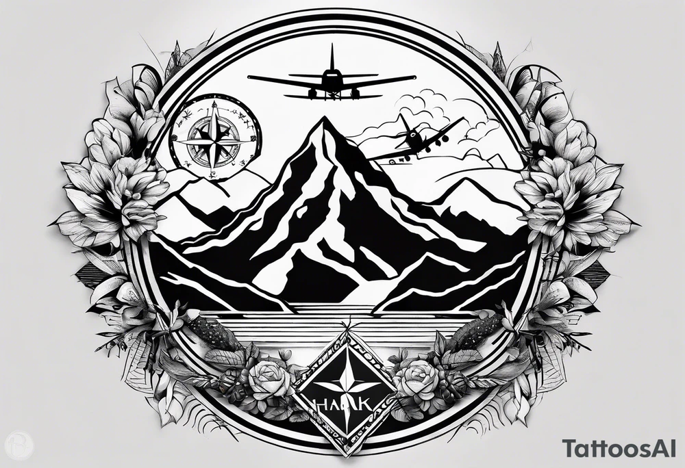 The word "HARK" as a banner with a mountain, compass and an airplane in a circular design tattoo idea