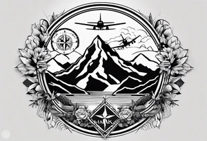 The word "HARK" as a banner with a mountain, compass and an airplane in a circular design tattoo idea