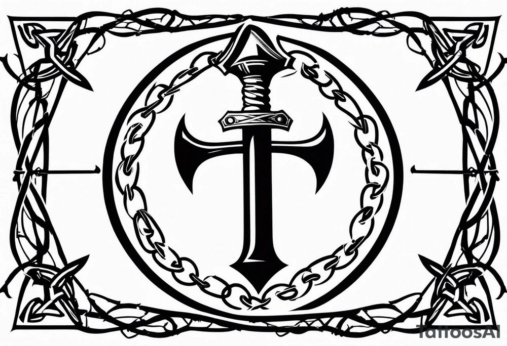 Valhalla sword round shield axe barbed wire chains tattoo idea