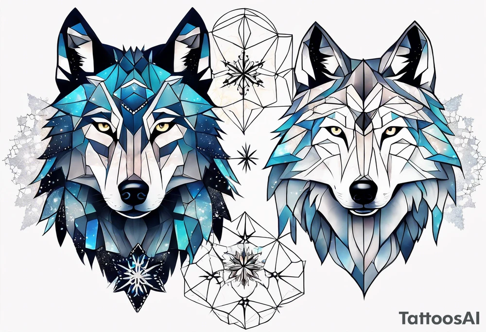 Constellation, two animal wolf, géométric, snowflake tattoo idea