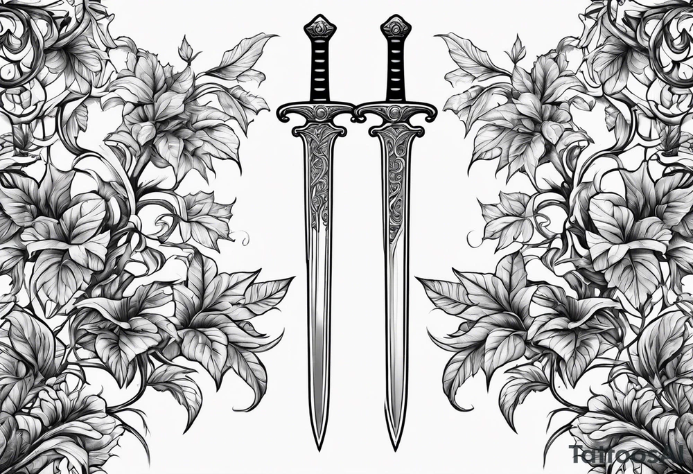 Leafy vines with sword tattoo idea