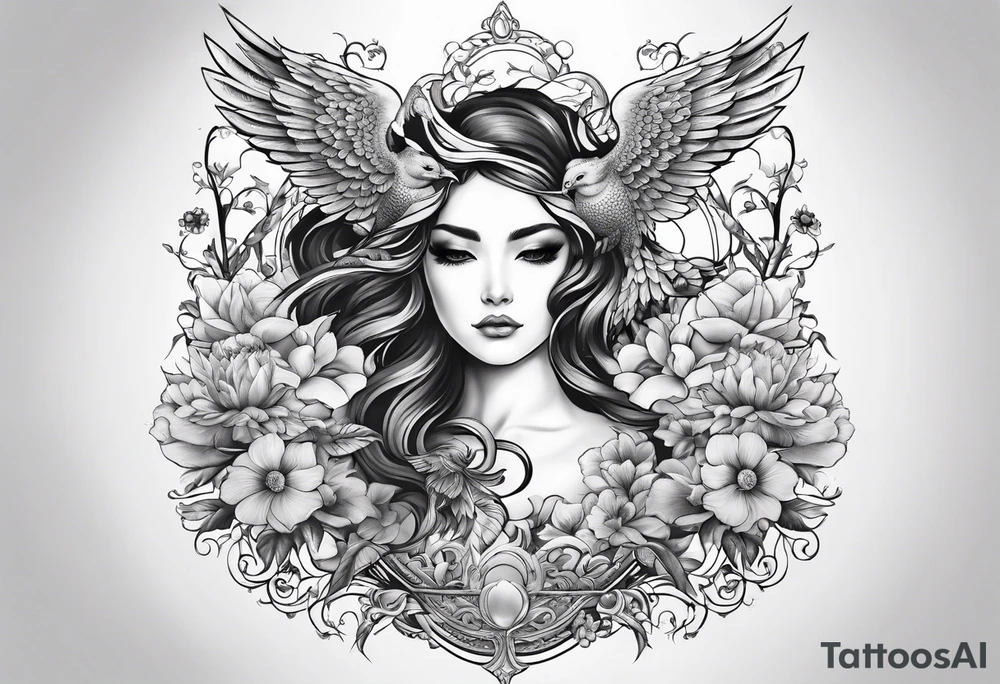 Sleeve with blind Themis and Phoenix with flowers tattoo idea