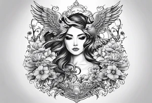 Sleeve with blind Themis and Phoenix with flowers tattoo idea