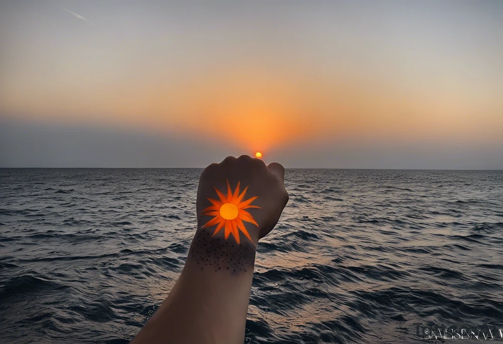 This is an extremely simple and minimalistic tattoo on male forearm. It is black and white with tiny splashes of orange from the sun. The tattoo 4 inches wide by 2 inches tall. From the perspective of being on the ocean, Water is calm, with no waves in sight, the sun is setting behind the ocean, reflecting light onto the ocean. tattoo idea