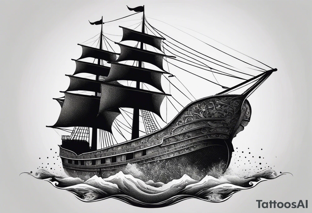 large and dark wooden ship facing left 2 dimensional tattoo idea