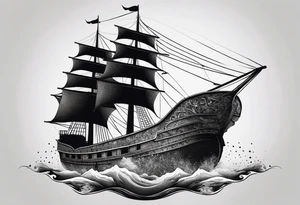 large and dark wooden ship facing left 2 dimensional tattoo idea