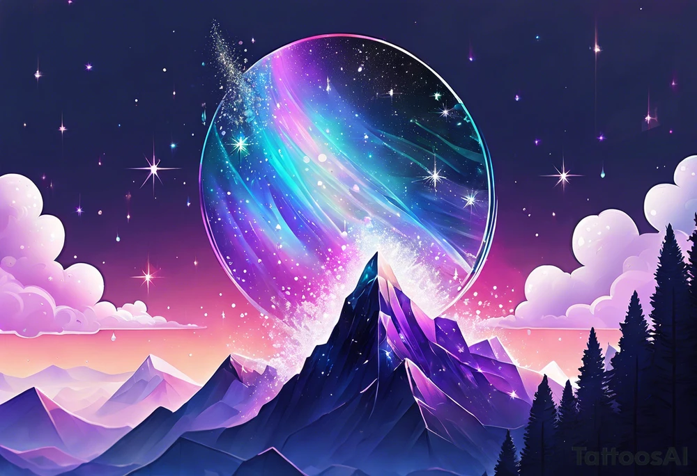 Holographic glitter rain wind crystal tower dazzling sparkle breathtaking wispy galaxy tattoo idea