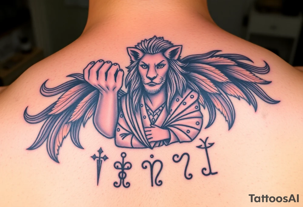 Roaring Leo lion holding virgo woman with robe and wavy hair, add Sagittarius female and Capricorn male below these tattoo idea