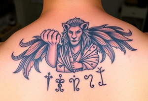 Roaring Leo lion holding virgo woman with robe and wavy hair, add Sagittarius female and Capricorn male below these tattoo idea