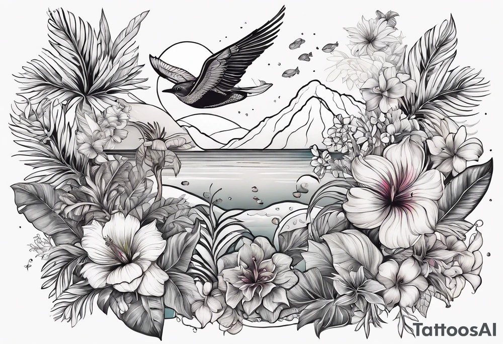 sea,, night, flower, palm, animal tattoo idea