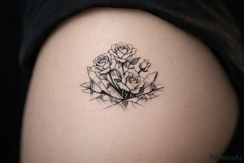 Close-up of roses emerging from fragmented mirror, dark, moody lighting. tattoo idea