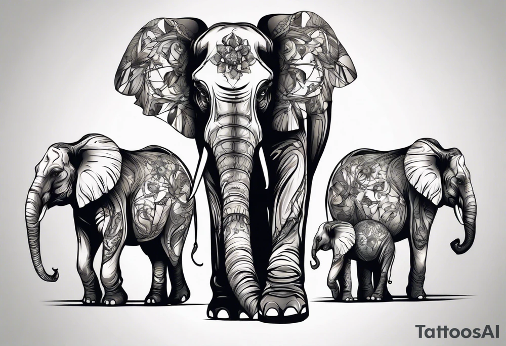 family of elephants including a mom and dad, 4 children, one of which is deceased. tattoo idea
