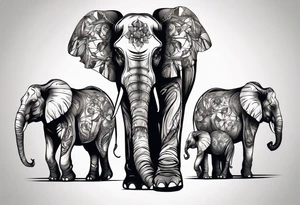 family of elephants including a mom and dad, 4 children, one of which is deceased. tattoo idea
