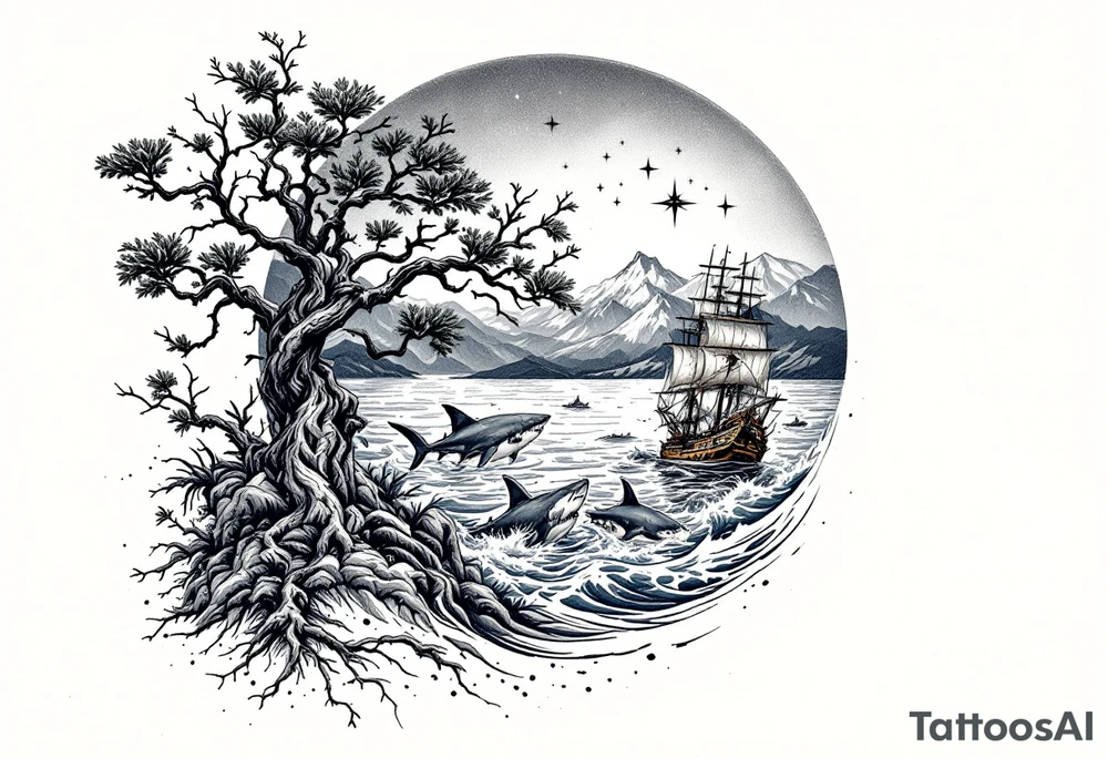 tattoo that has an acacia tree with mountains, ocean with a ship wreck with sharks and the northern star tattoo idea