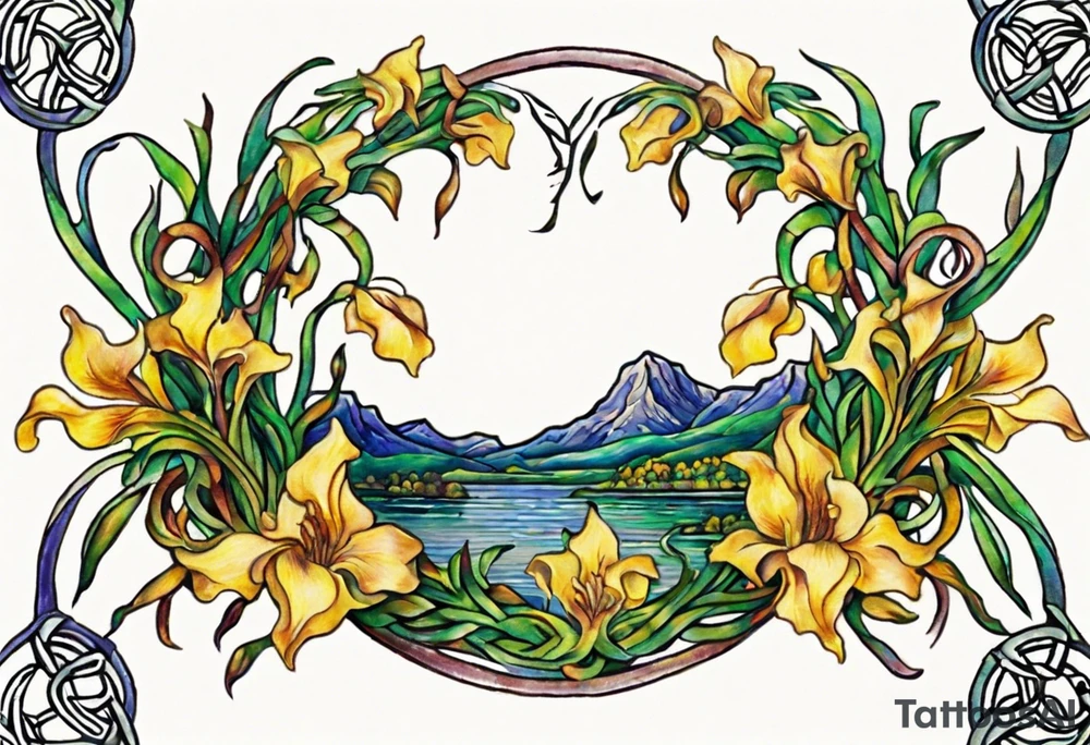 Create a small, colorful Vincent van Gogh Irises tattoo in the form of a crescent, with vines in Celtic knot style gracefully intertwining at a central point in the middle of the wreath. The intended placement is on the upper chest. The middle needs mountains. The overall design should be small in size while maintaining a delicate and artistic aesthetic. Pay attention to the graceful flow of the vines and the placement of the irises to achieve a refined and elegant look. tattoo idea