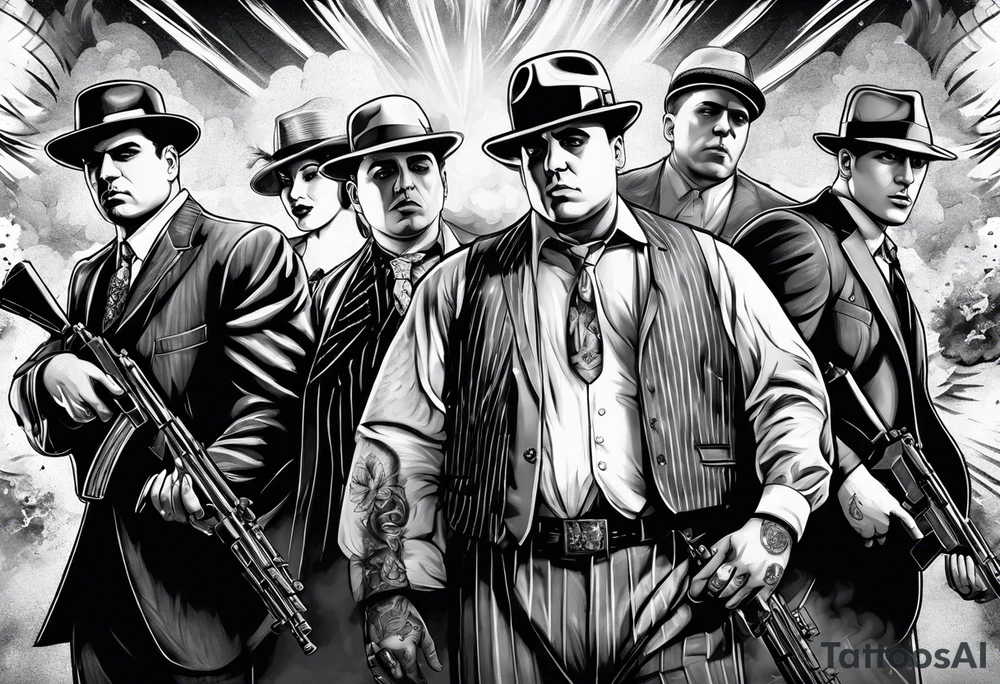 group of gangsters including Al Capone and bonnie and Clyde with machine guns surrounded by smoke and fire tattoo idea