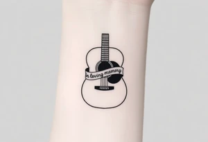 Accustic Guitar with ribbon wrapped around with In Loving Memory inside ribbon tattoo idea