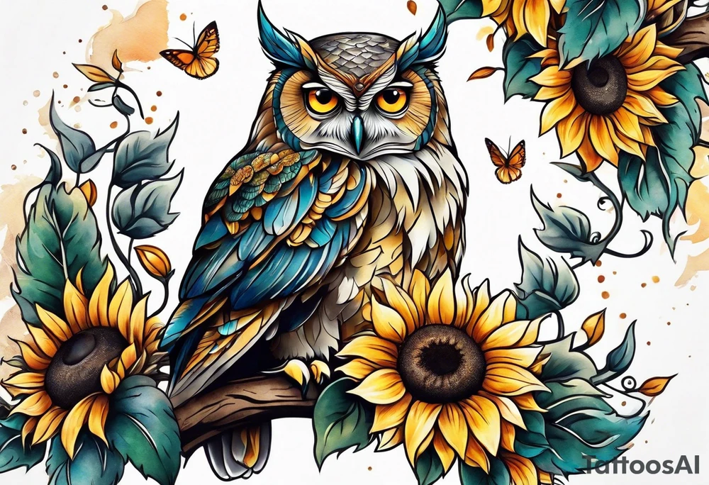 Owl with sunflowers leg sleeve tattoo idea