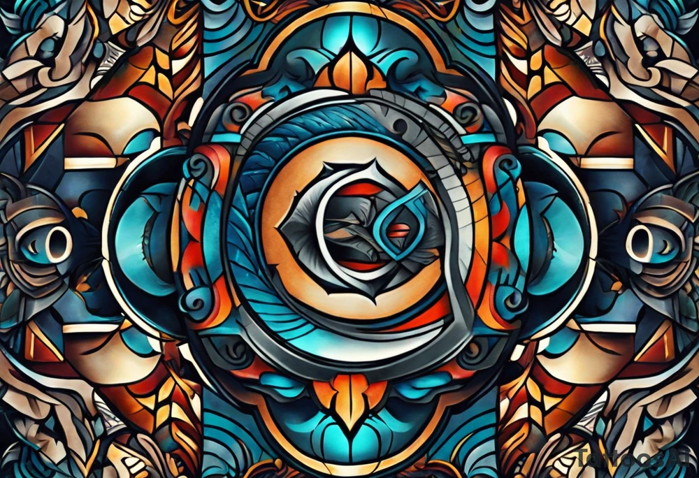 semi Detailed neo traditional knee tattoo flat on paper. The tattoo features geometric patterns and bold lines, creating a visually striking design with slight tints of deep fall colors. The background 
outside the tattoo features deep blues washes and water swirls tattoo idea