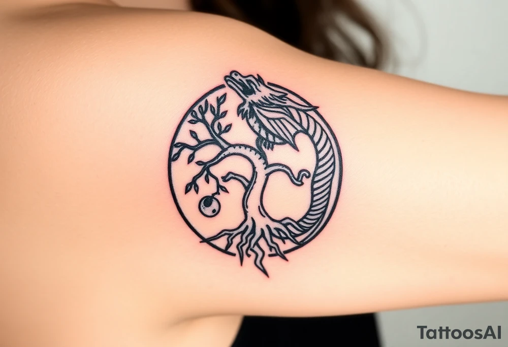 a dragon forming a circle with its body.  the dragon encircles the tree of life.   the tree of life has fruit  and the dragon is eating the fruit. the roots of the tree are strangling the tail of the dragon tattoo idea