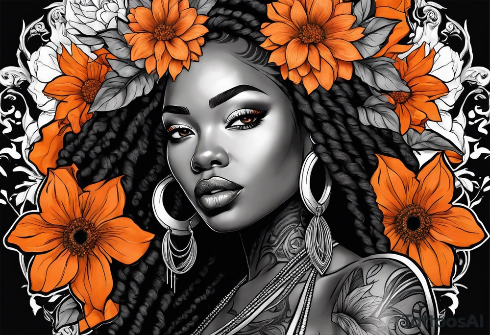 Arm ssleeve with orange flowers and black woman with locs tattoo idea