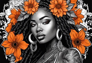 Arm ssleeve with orange flowers and black woman with locs tattoo idea