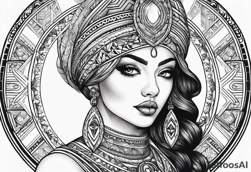 Woman holding orb of divinity over her head tattoo idea