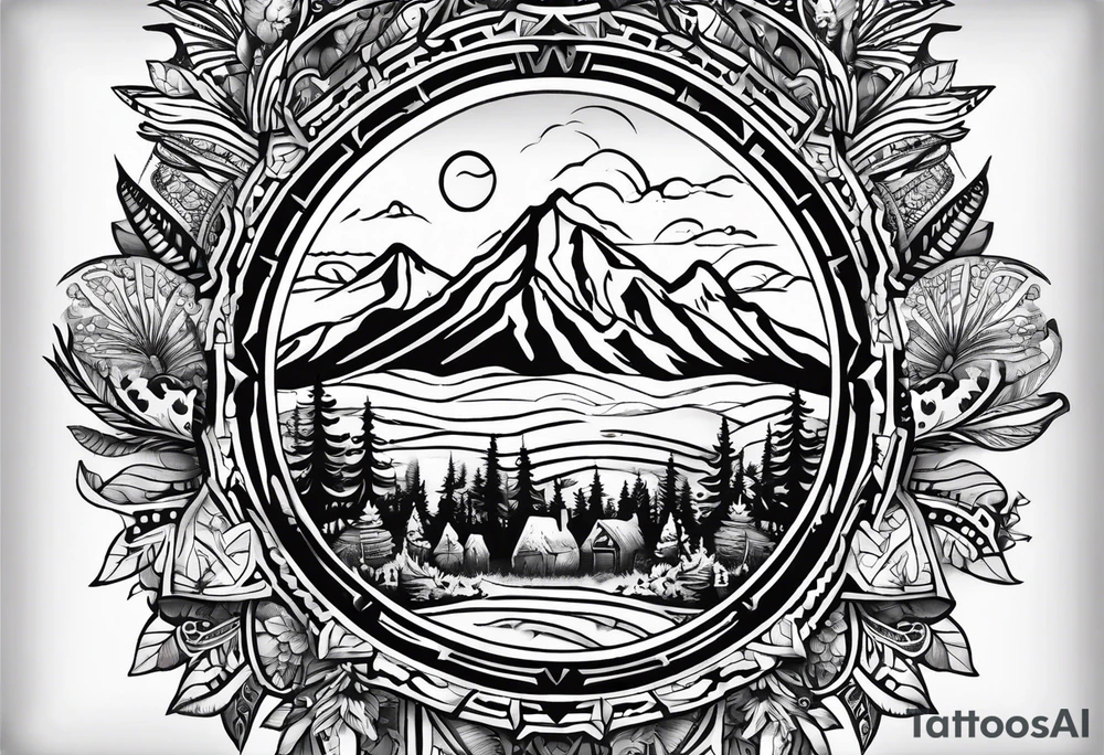 Mexican American inspired Tattoo that incorporates love for family and importance of building wealth. Include elements of the Pacific Northwest Forrest tattoo idea