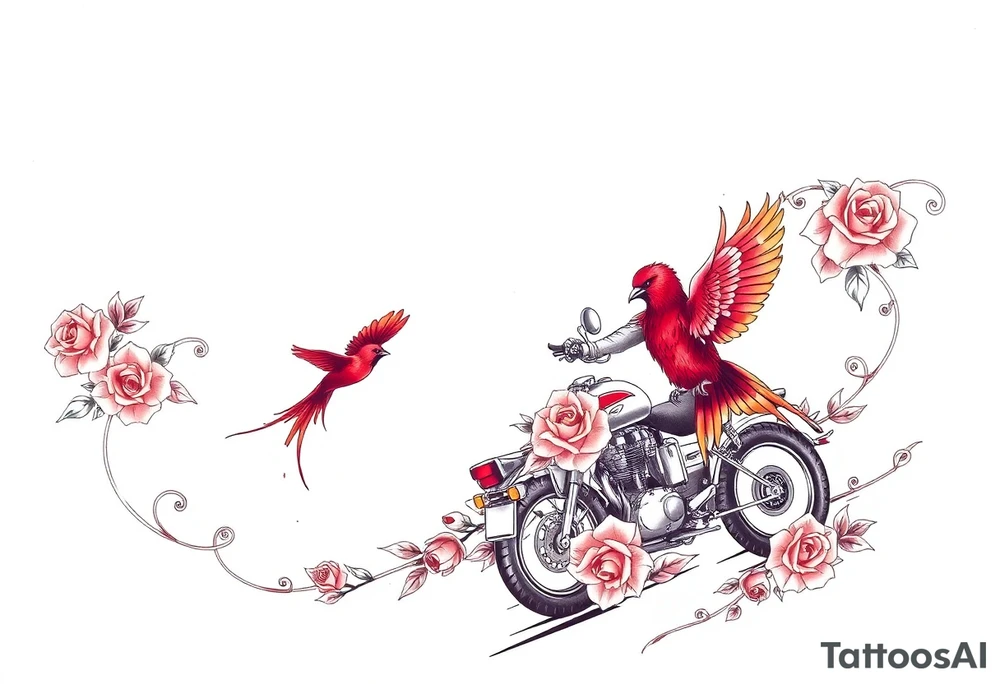 Motorcycle driving away, two red birds flying, roses and lace, flames tattoo idea