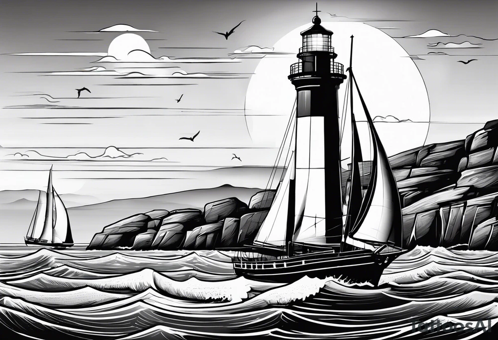 voilier vue de face. phare maritime fixé au centre du voilier et utilisé comme un mat pour les voiles. tattoo idea