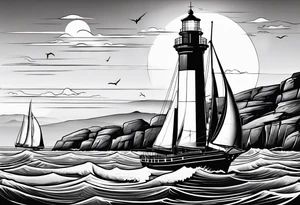 voilier vue de face. phare maritime fixé au centre du voilier et utilisé comme un mat pour les voiles. tattoo idea
