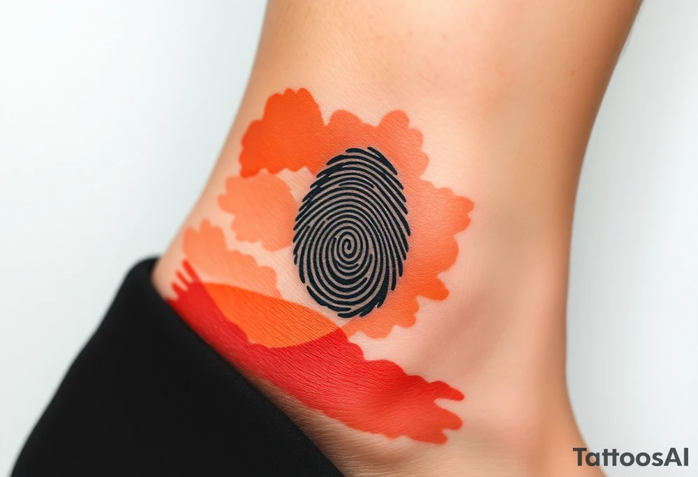 A negative space fingerprint on a watercolor background in warm sunset hues tattoo idea