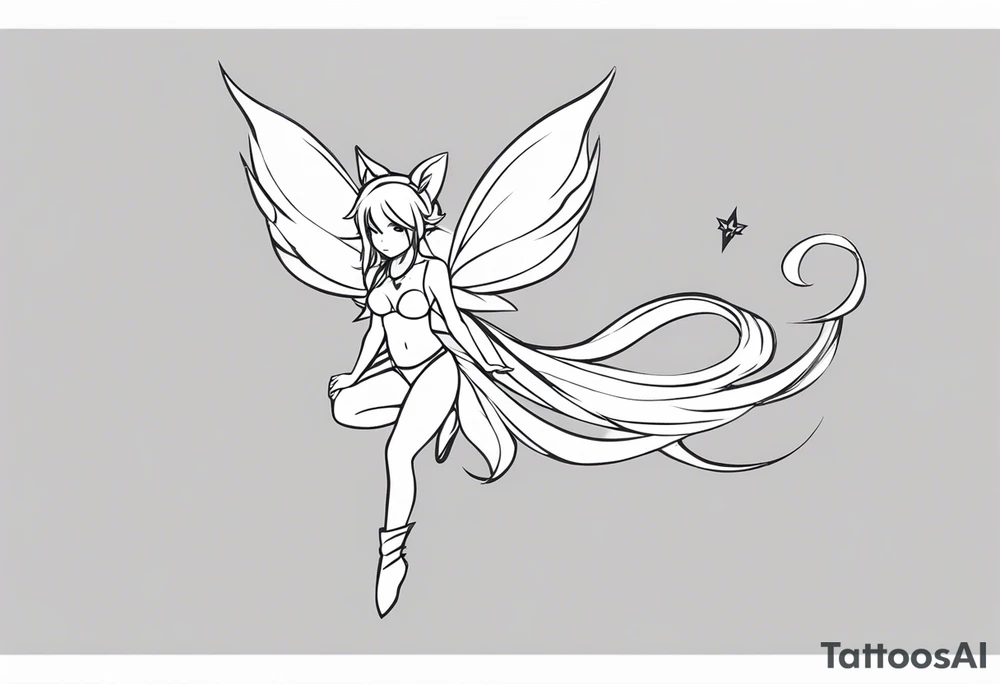 No color sketch of a fairy with a tail inspired by the guild symbol in the anime show called Fairy Tail in a fetal position leaning forward while crawled in and her body is an angle while floating in the air with big wings tattoo idea