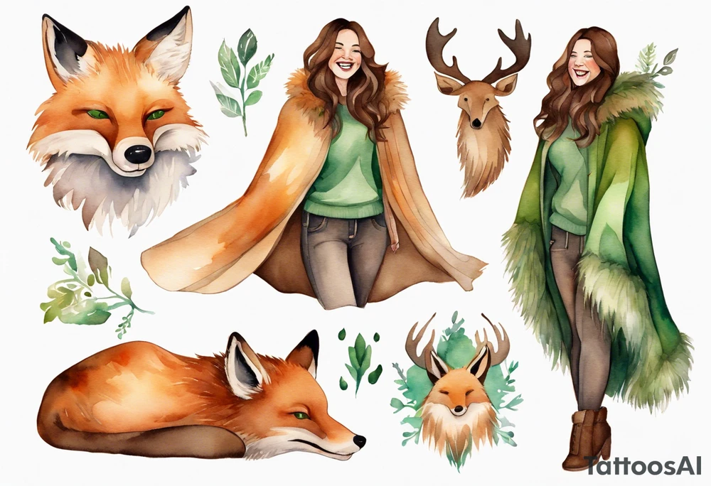 a watercolor of a curvy woman with long brown hair and light brown skin and green eyes wearing a fur cloak laughing standing next to a fox and moose tattoo idea