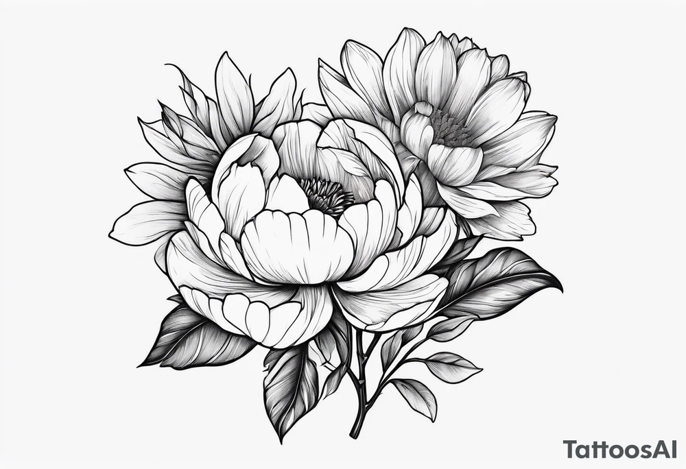 peony calendula sunflower tulip cherry blossom and ginko leaf tattoo idea