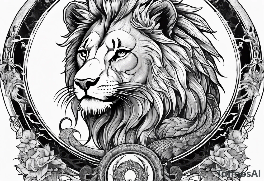 Ouroboros with in center a lion with burned wings tattoo idea