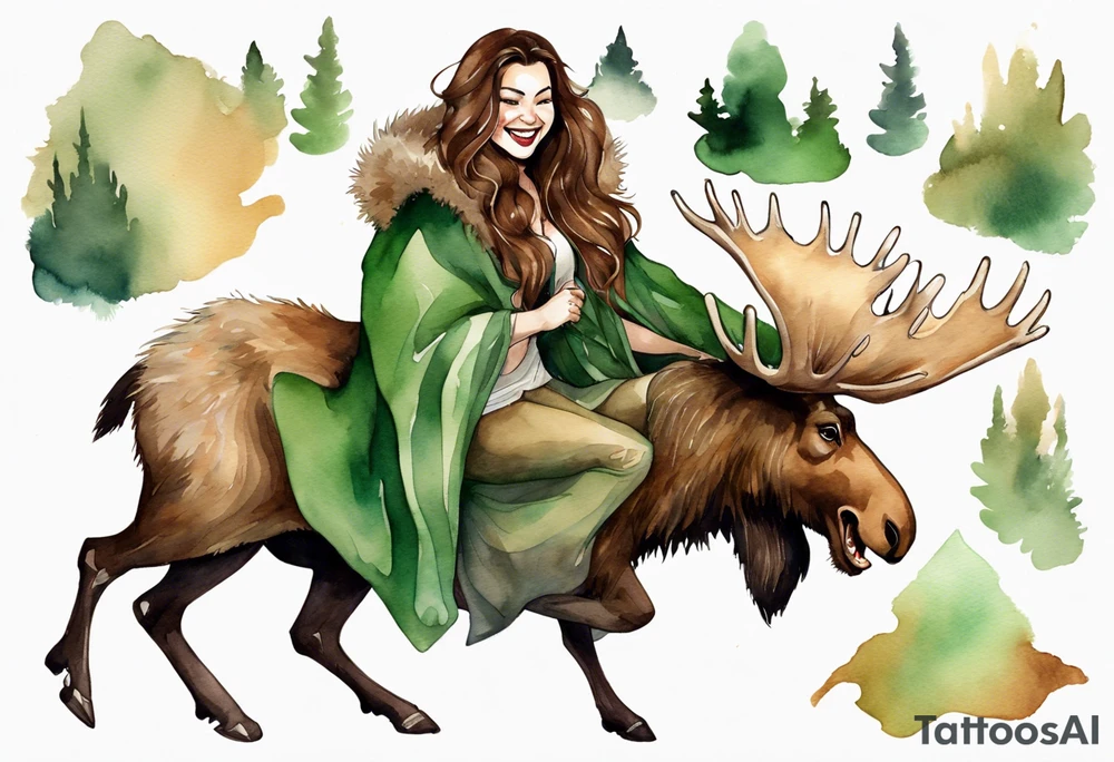 a watercolor of a curvy woman with long brown hair and light brown skin and green eyes wearing a fur cloak laughing riding a moose tattoo idea