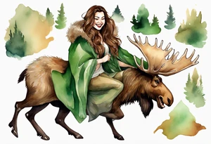 a watercolor of a curvy woman with long brown hair and light brown skin and green eyes wearing a fur cloak laughing riding a moose tattoo idea