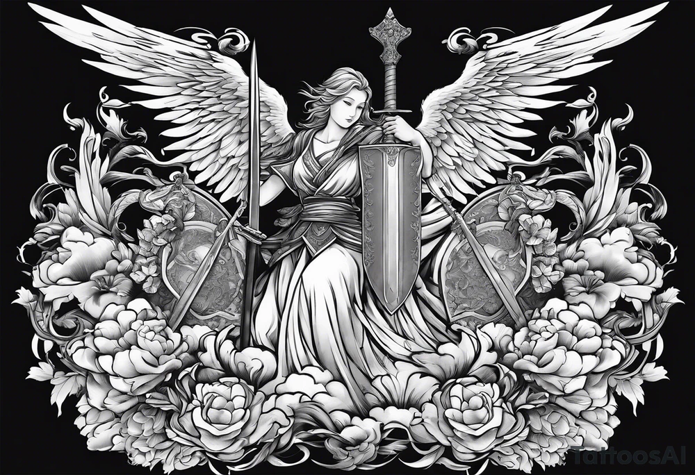 Angels with sword & Shield in sky tattoo idea