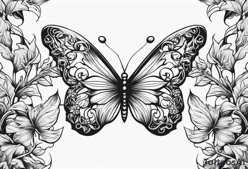 vines of leafs and butterfly tattoo idea