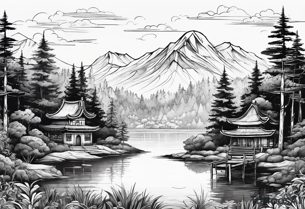 A small forest with a round lake. With a small island in the middle. On the island there a gate tattoo idea