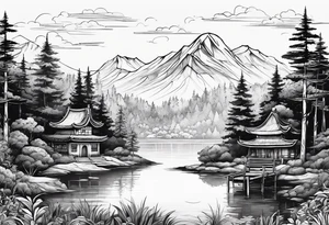 A small forest with a round lake. With a small island in the middle. On the island there a gate tattoo idea