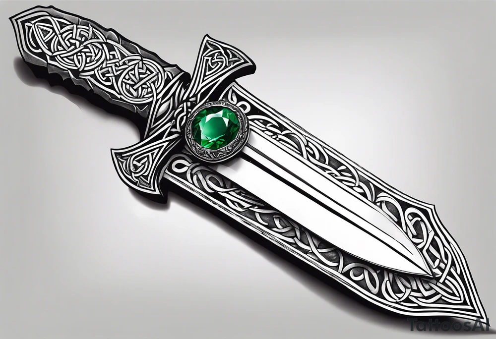 A Celtic athame dagger with the hilt turned upward and an emerald gemstone on the hilt not on the blade tattoo idea