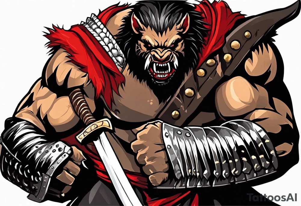 Draw me psychopath Fearless Honey Badger/Berserker with aggressive full body, killer face with a scary smile, very long nails and he attacks like a Bloody Assassin/Warrior/Gladiator to us and also, he has very deadly looking. He fights with his nails only. Everybody scares after their first sight. Give me horror type Badger Tattoo. I want to see his Realistic full body with no weapons. You can show destruction at the back. tattoo idea