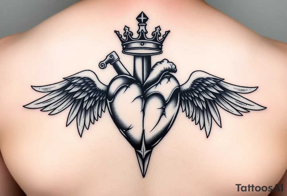 powerful 3d heart with the sword hilt on top an a crown on a top side, sith two angel gothic wings spread, but a but apart from the heart tattoo idea