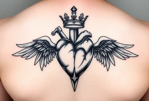powerful 3d heart with the sword hilt on top an a crown on a top side, sith two angel gothic wings spread, but a but apart from the heart tattoo idea