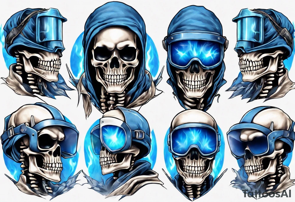 A skeleton welding with blue fire behind, with a welding mask tattoo idea