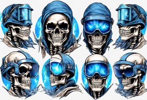 A skeleton welding with blue fire behind, with a welding mask tattoo idea